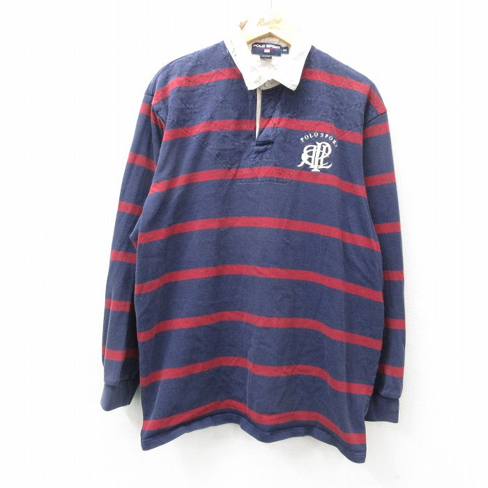 【50%OFF】XL★古着 ラルフローレン Ralph Lauren ポロスポーツ 長袖 ブランド ラガー シャツ メンズ ワンポイントロゴ 大きいサイズ コットン 紺他 ネイビー ボーダー 【spe】 25feb22 中古 トップス
