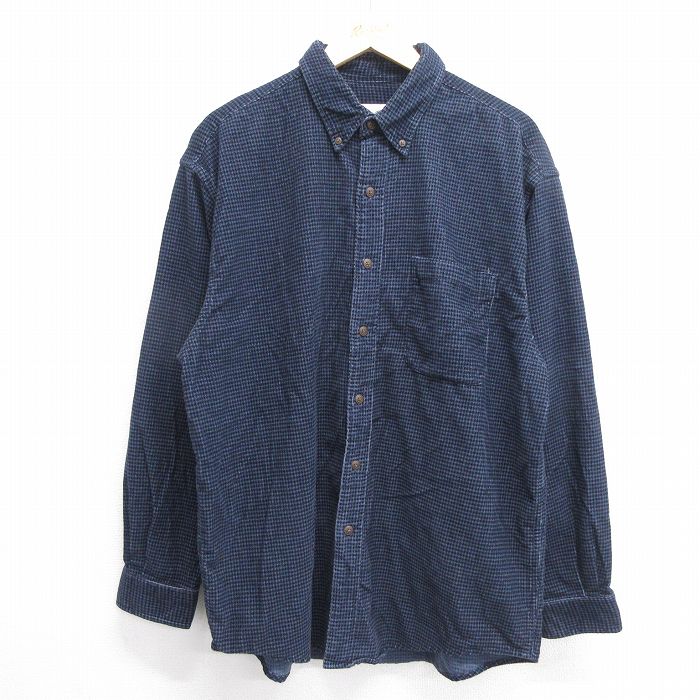 XL★古着 エディーバウアー 長袖 ブランド シャツ メンズ 00年代 00s コーデュロイ ロング丈 コットン ボタンダウン 紺他 ネイビー チェック 【spe】 25feb22 中古 トップス