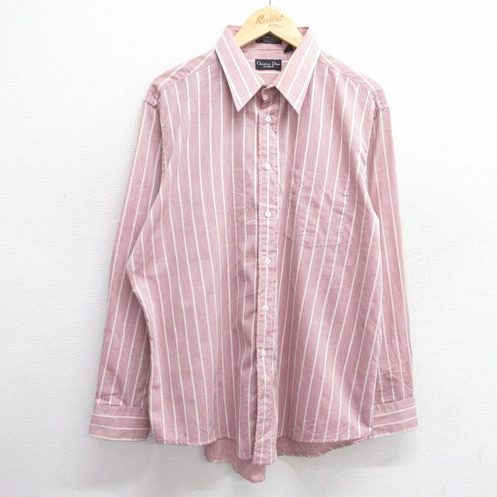 XL★古着 クリスチャンディオール Christian Dior 長袖 ブランド シャツ メンズ 90年代 90s 大きいサイズ USA製 エンジ系他 ストライプ 25feb22 中古 トップス