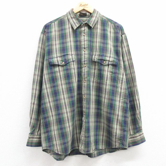 XL★古着 エディーバウアー 長袖 ブランド シャツ メンズ 90年代 90s コットン 緑他 グリーン チェック 25feb25 中古 トップス