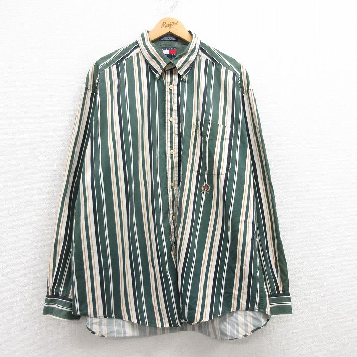XL★古着 トミーヒルフィガー TOMMY HILFIGER 長袖 ブランド シャツ メンズ 90年代 90s ワンポイントロゴ 大きいサイズ コットン ボタンダウン 緑他 グリーン ストライプ 25feb25 中古 トップス