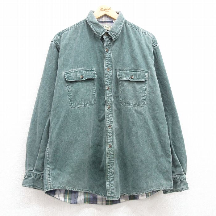 XL★古着 エルエルビーン LLBEAN 長袖 ブランド シャツ メンズ 80年代 80s コットン USA製 緑 グリーン デニム 内側フランネル 25feb25 中古 トップス