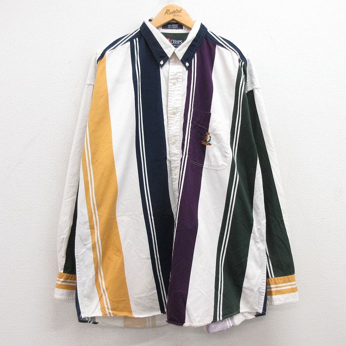 XL★古着 ラルフローレン Ralph Lauren チャップス 長袖 ブランド シャツ メンズ 90年代 90s ワンポイントロゴ 大きいサイズ コットン ボタンダウン 白他 ホワイト ストライプ 25feb25 中古 トップス