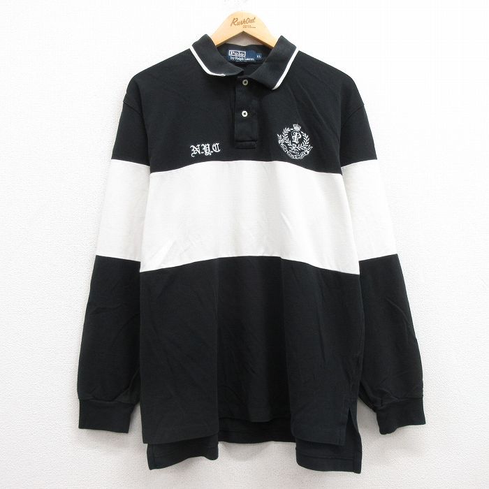 XL★古着 ラルフローレン Ralph Lauren 長袖 ブランド ポロ シャツ メンズ 90年代 90s ワンポイントロゴ 鹿の子 コットン 黒他 ブラック 25feb25 中古 トップス