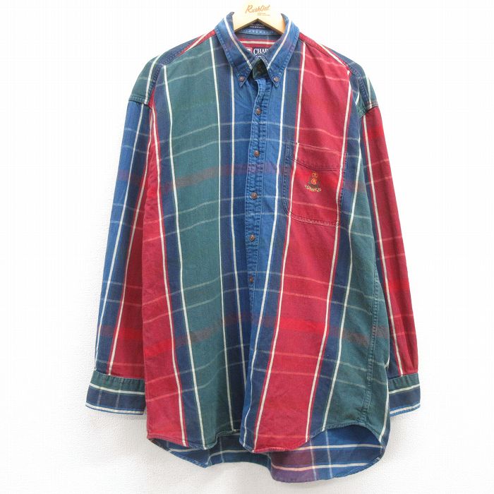 【50%OFF】XL★古着 ラルフローレン Ralph Lauren チャップス 長袖 ブランド シャツ メンズ 90年代 90s ワンポイントロゴ コットン ボタンダウン 紺他 ネイビー チェック 25feb25 中古 トップス