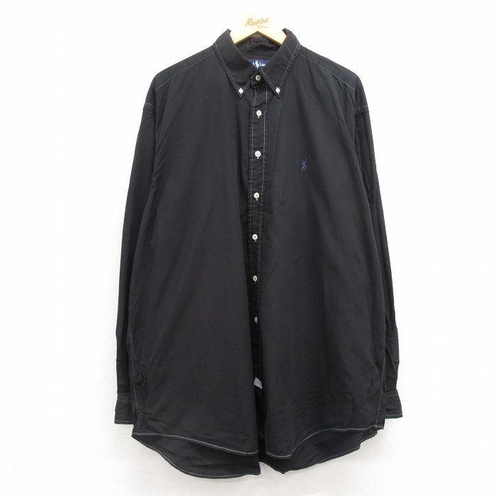 XL★古着 ラルフローレン Ralph Lauren 長袖 ブランド シャツ メンズ 90年代 90s ワンポイントロゴ 大きいサイズ ロング丈 コットン ボタンダウン 黒 ブラック 25feb25 中古 トップス