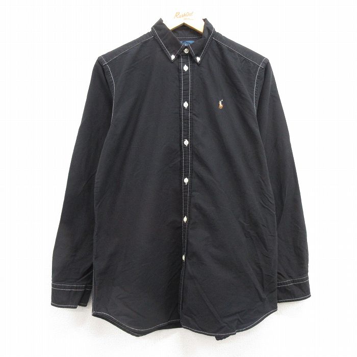 M★古着 ラルフローレン Ralph Lauren 長袖 ブランド シャツ キッズ ボーイズ 子供服 90年代 90s ワンポイントロゴ オックスフォード コットン ボタンダウン 黒 ブラック 25feb25 中古 メンズ トップス