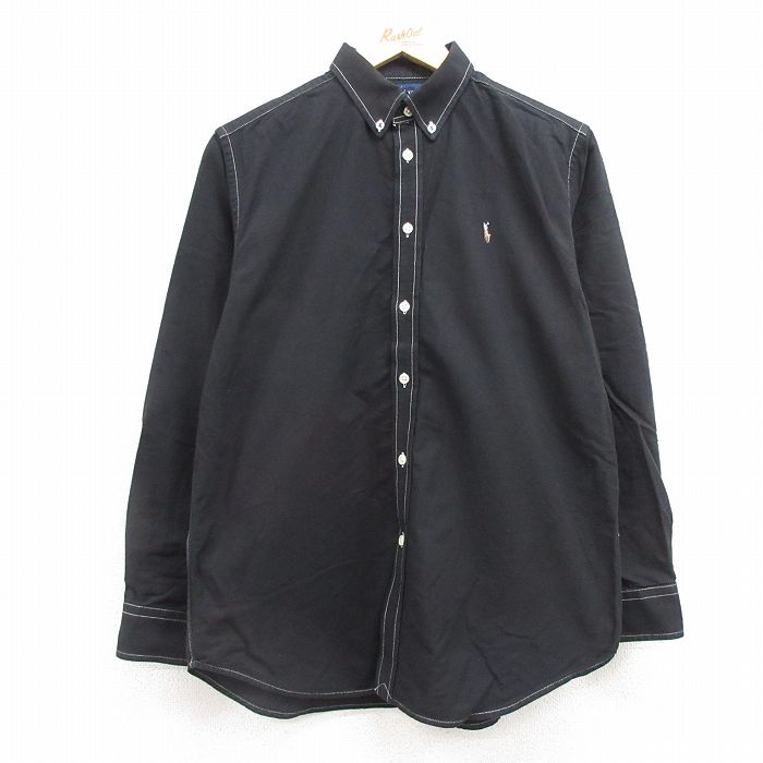 M★古着 ラルフローレン Ralph Lauren 長袖 ブランド シャツ キッズ ボーイズ 子供服 90年代 90s ワンポイントロゴ オックスフォード コットン ボタンダウン 黒 ブラック 25feb25 中古 メンズ トップス