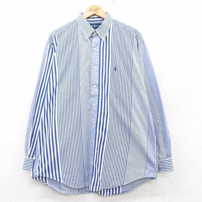 XL★古着 ラルフローレン Ralph Lauren 長袖 ブランド シャツ メンズ 90年代 90s ワンポイントロゴ BLAKE 大きいサイズ ロング丈 コットン ボタンダウン 紺他 ネイビー ストライプ 【spe】 25feb25 中古 トップス