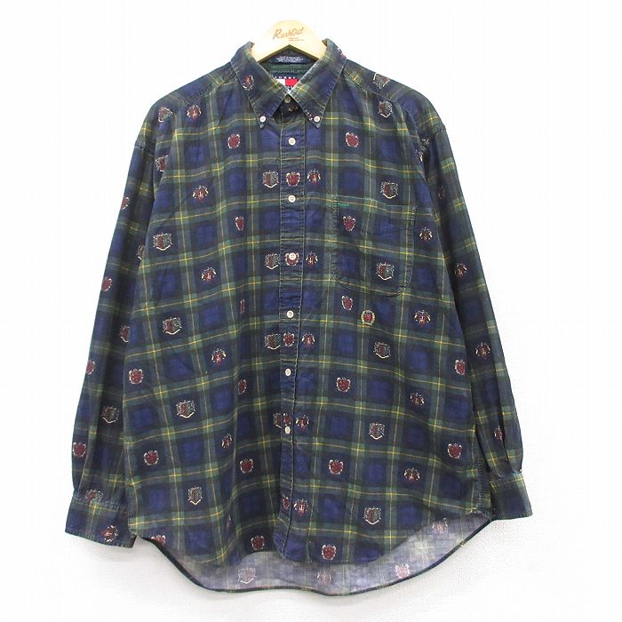 トミーヒルフィガー 90s 長袖シャツ 総柄 ネイビーチェック XL | 古着