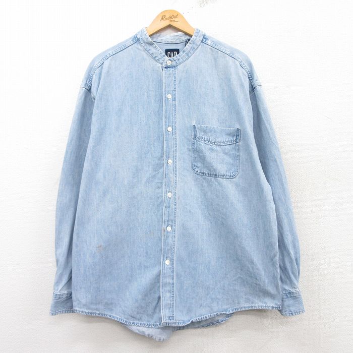 【20%OFF】XL★古着 ギャップ GAP 長袖 ブランド シャツ メンズ 90年代 90s 大きいサイズ ロング丈 コットン ノーカラー USA製 紺 ネイビー デニム 25feb25 中古 トップス