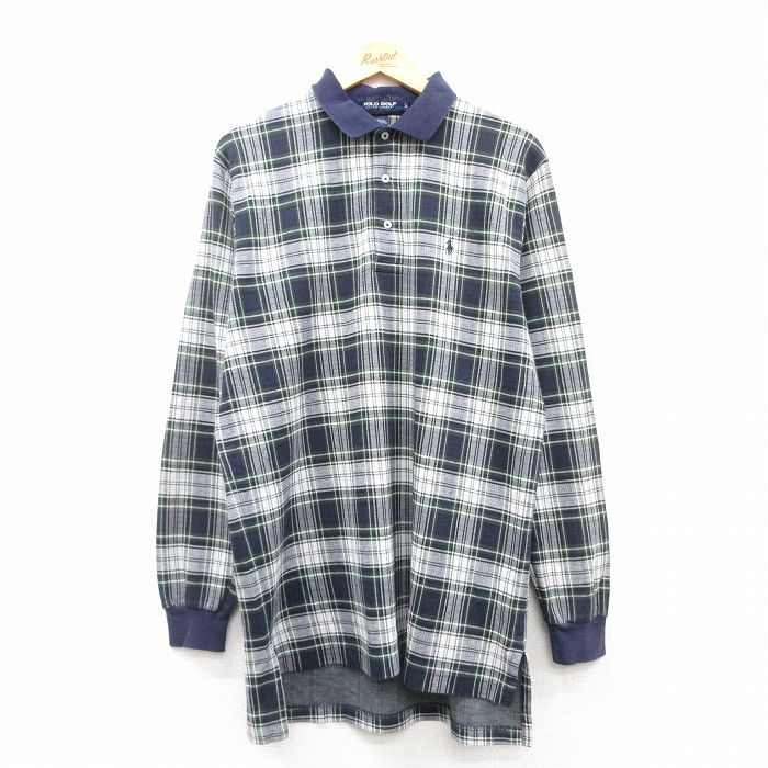 【20%OFF】L★古着 ラルフローレン Ralph Lauren ポロゴルフ 長袖 ブランド ポロ シャツ メンズ 90年代 90s ワンポイントロゴ ロング丈 コットン 紺他 ネイビー チェック 25feb25 中古 トップス