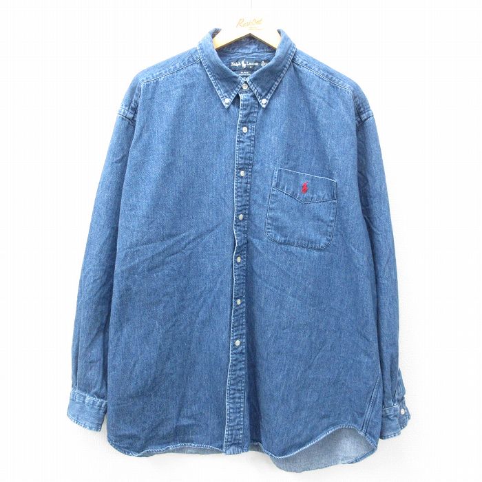 XL★古着 ラルフローレン Ralph Lauren 長袖 ブランド シャツ メンズ 90年代 90s BLAKE ワンポイントロゴ 大きいサイズ ロング丈 コットン ボタンダウン 紺 ネイビー デニム 25feb26 中古 トップス