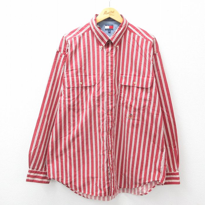 XL★古着 トミーヒルフィガー TOMMY HILFIGER 長袖 ブランド シャツ メンズ 90年代 90s ワンポイントロゴ 大きいサイズ ロング丈 コットン ボタンダウン エンジ他 ストライプ 25feb26 中古 トップス