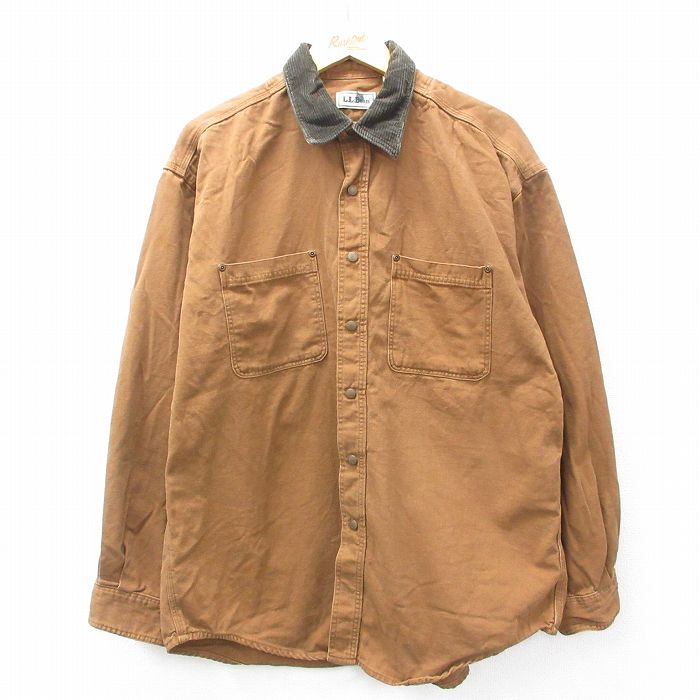 XL★古着 エルエルビーン LLBEAN 長袖 ブランド シャツ メンズ 90年代 90s 襟コーデュロイ ダック地 ロング丈 コットン USA製 茶他 ブラウン 【spe】 25feb26 中古 トップス