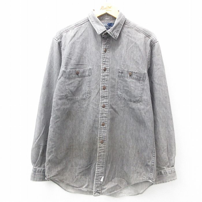 XL★古着 ラルフローレン Ralph Lauren 長袖 ブランド シャツ メンズ 90年代 90s ロング丈 コットン グレー デニム 25feb26 中古 トップス