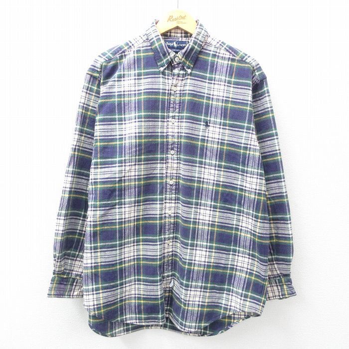 【20%OFF】XL★古着 ラルフローレン Ralph Lauren 長袖 ブランド シャツ メンズ 90年代 90s ワンポイントロゴ 大きいサイズ ロング丈 コットン ボタンダウン 緑他 グリーン チェック 25feb26 中古 トップス