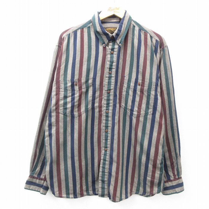 L★古着 エディーバウアー 長袖 ブランド シャツ メンズ 90年代 90s コットン ボタンダウン 紺他 ネイビー ストライプ 25feb26 中古 トップス