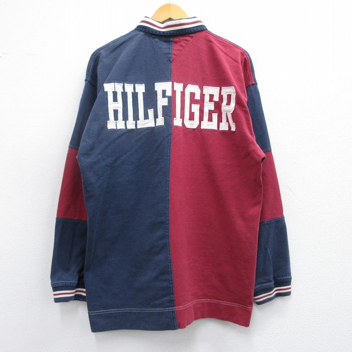 【50%OFF】L★古着 トミーヒルフィガー TOMMY HILFIGER 長袖 ブランド ラガー シャツ メンズ 90年代 90s ビッグロゴ コットン 紺他 ネイビー ボーダー 【spe】 25feb27 中古 トップス