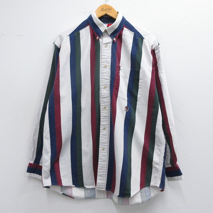 XL★古着 トミーヒルフィガー TOMMY HILFIGER 長袖 ブランド シャツ メンズ 90年代 90s ワンポイントロゴ ヘリンボーン コットン ボタンダウン 白他 ホワイト ストライプ 25feb27 中古 トップス