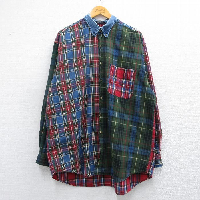 XL★古着 ノーティカ NAUTICA 長袖 ブランド シャツ メンズ 90年代 90s ワンポイントロゴ 襟デニム クレイジーパターン ロング丈 コットン ボタンダウン 緑他 グリーン チェック 【spe】 25feb27 中古 トップス