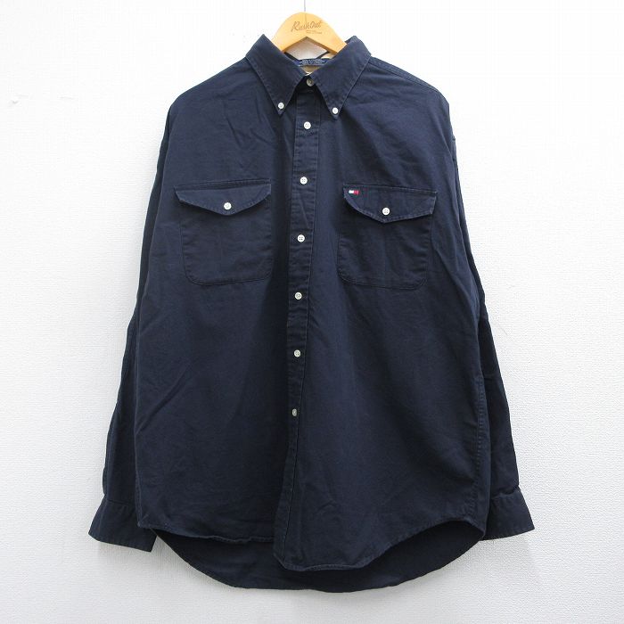 XL★古着 トミーヒルフィガー TOMMY HILFIGER 長袖 ブランド シャツ メンズ 90年代 90s ワンポイントロゴ 大きいサイズ コットン ボタンダウン 紺 ネイビー 25feb27 中古 トップス