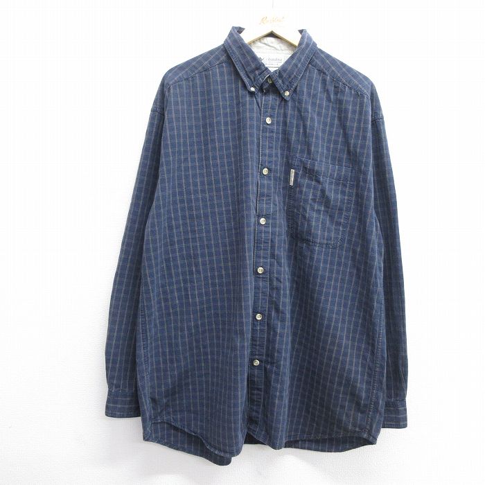 XL★古着 コロンビア COLUMBIA 長袖 ブランド シャツ メンズ 00年代 00s 大きいサイズ ロング丈 コットン ボタンダウン 紺他 ネイビー チェック 25feb28 中古 トップス