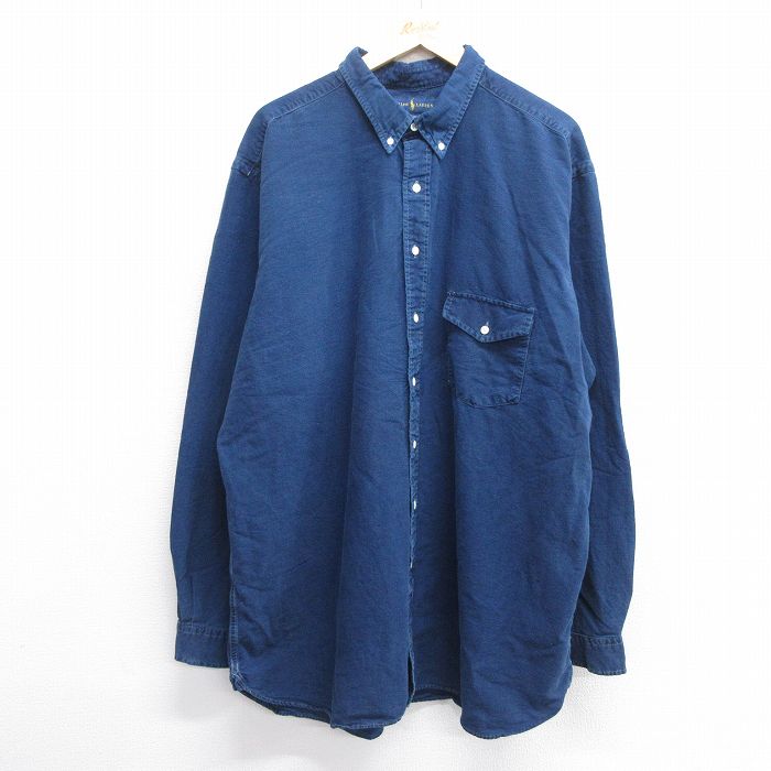 XL★古着 ラルフローレン Ralph Lauren 長袖 ブランド シャツ メンズ オックスフォード 大きいサイズ ロング丈 コットン ボタンダウン 紺 ネイビー 25feb28 中古 トップス