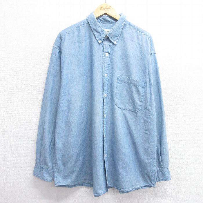 【20%OFF】XL★古着 エディーバウアー 長袖 ブランド シャンブレー シャツ メンズ 00年代 00s 大きいサイズ ロング丈 コットン ボタンダウン 薄紺 ネイビー 25feb28 中古 トップス