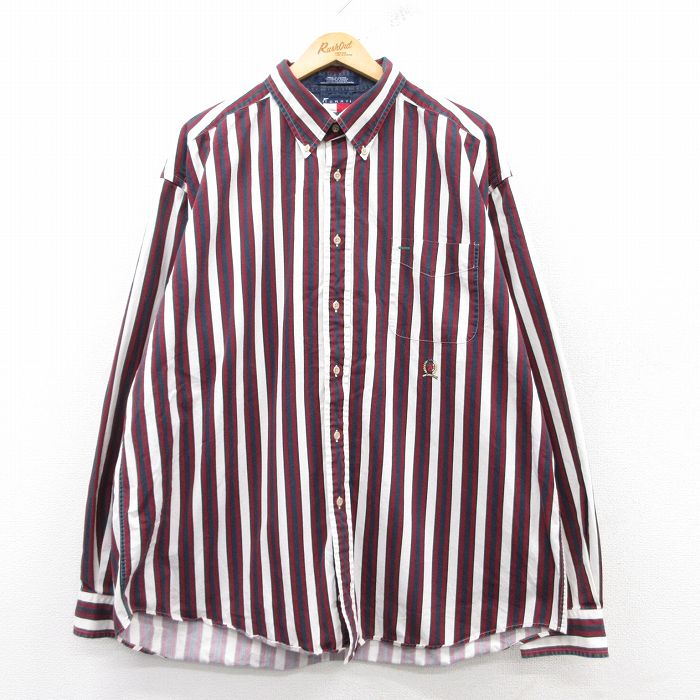 XL★古着 トミーヒルフィガー TOMMY HILFIGER 長袖 ブランド シャツ メンズ 90年代 90s ワンポイントロゴ 大きいサイズ ロング丈 コットン ボタンダウン 白他 ホワイト ストライプ 25mar04 中古 トップス