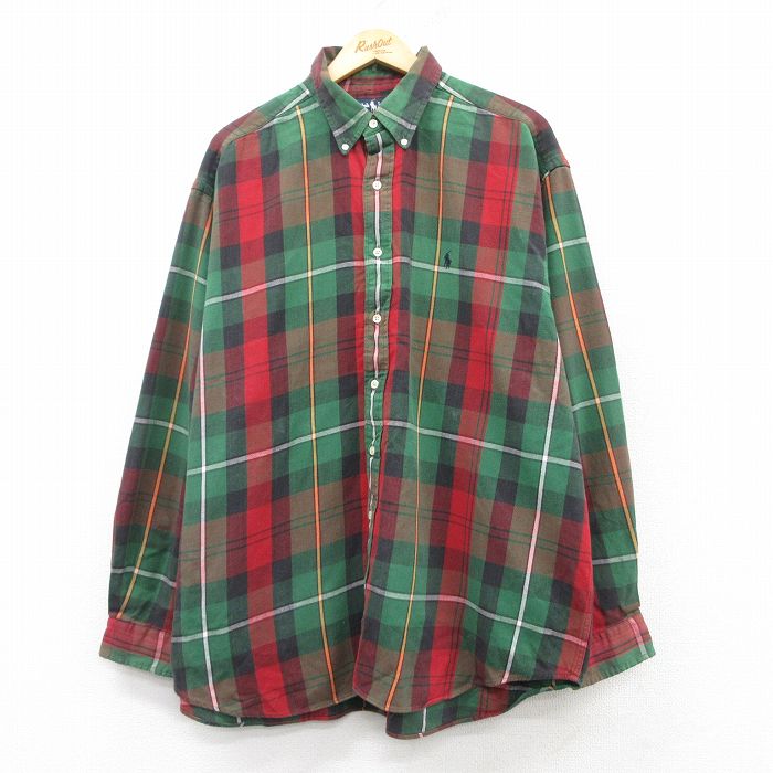 XL★古着 ラルフローレン Ralph Lauren 長袖 ブランド シャツ メンズ 90年代 90s ワンポイントロゴ BIG SHIRT 大きいサイズ ロング丈 コットン ボタンダウン 緑他 グリーン チェック 【spe】 25mar04 中古 トップス
