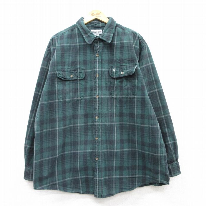 XL★古着 カーハート Carhartt 長袖 ブランド シャツ メンズ 大きいサイズ ロング丈 コットン 緑他 グリーン チェック 25mar04 中古 トップス