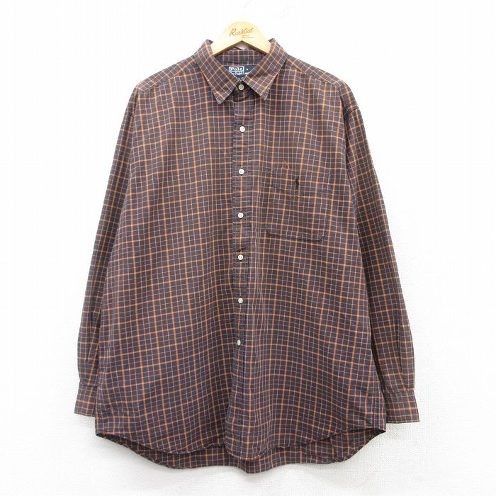 XL★古着 ラルフローレン Ralph Lauren 長袖 ブランド シャツ メンズ 90年代 90s LOWELL SPORT 大きいサイズ ロング丈 コットン オレンジ他 チェック 25mar04 中古 トップス