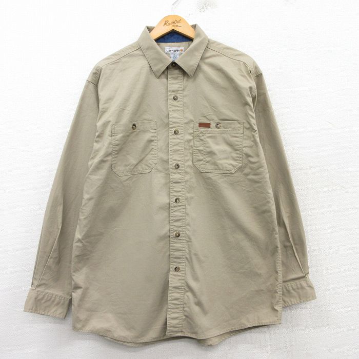 XL★古着 カーハート Carhartt 長袖 ブランド シャツ メンズ ロング丈 ベージュ系 カーキ 25mar04 中古 トップス
