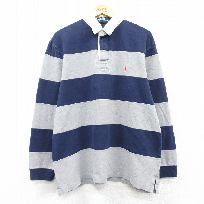 XL★古着 ラルフローレン Ralph Lauren 長袖 ブランド ラガー シャツ メンズ 90年代 90s ワンポイントロゴ 鹿の子 紺他 ネイビー 25mar04 中古 トップス