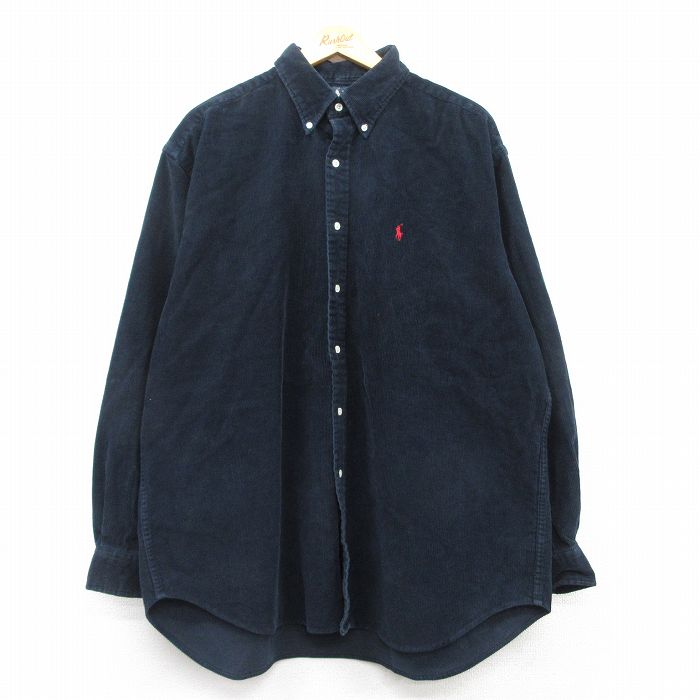 XL★古着 ラルフローレン Ralph Lauren 長袖 ブランド シャツ メンズ 90年代 90s ワンポイントロゴ コーデュロイ BLAKE 大きいサイズ ロング丈 コットン ボタンダウン 紺系 ネイビー 25mar04 中古 トップス