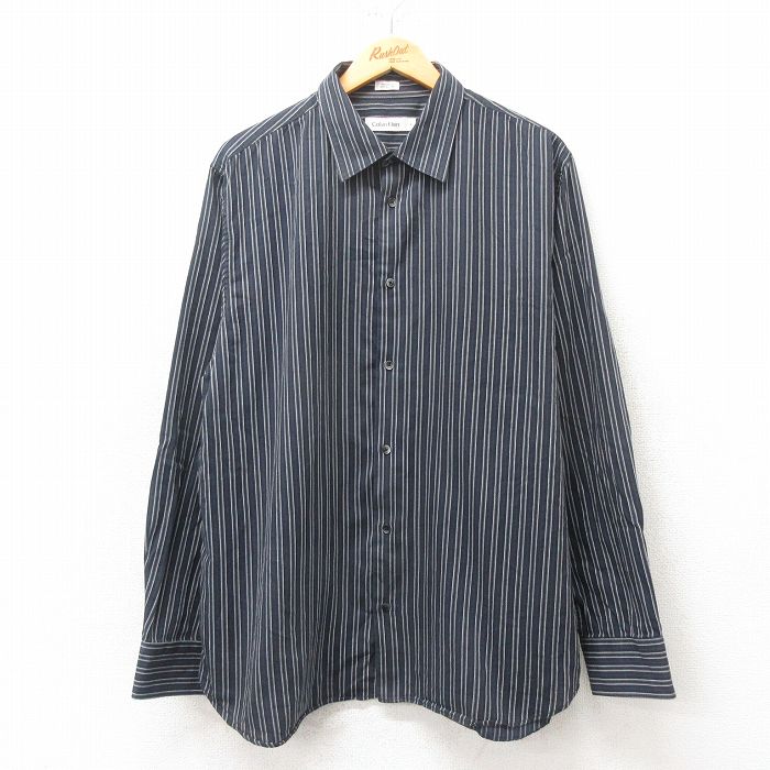 XL★古着 カルバンクライン Calvin Klein 長袖 ブランド シャツ メンズ 大きいサイズ コットン 紺他 ネイビー ストライプ 25mar05 中古 トップス