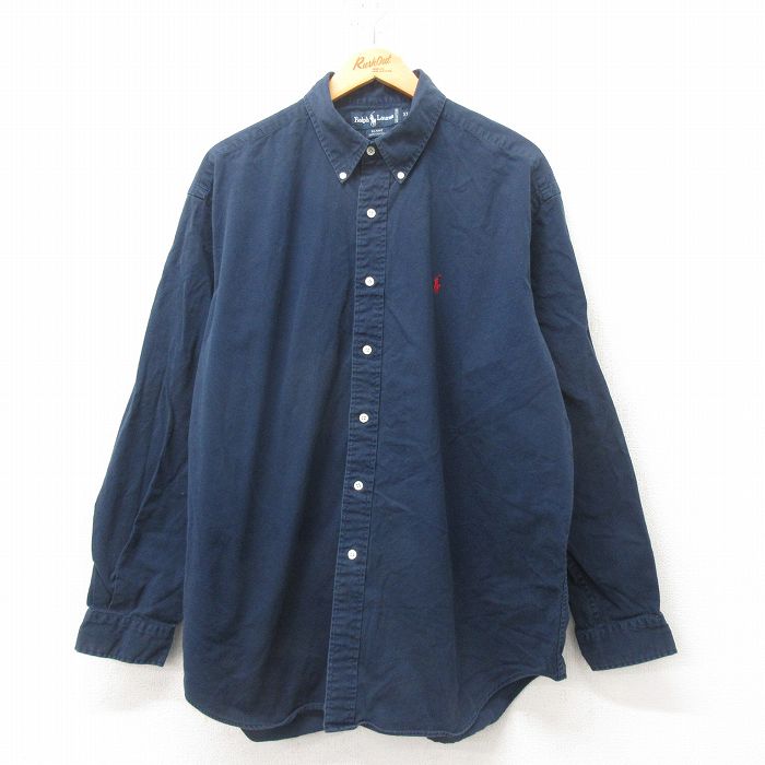 XL★古着 ラルフローレン Ralph Lauren 長袖 ブランド シャツ メンズ 90年代 90s ワンポイントロゴ BLAIRE 大きいサイズ ロング丈 コットン ボタンダウン 紺 ネイビー 25mar05 中古 トップス