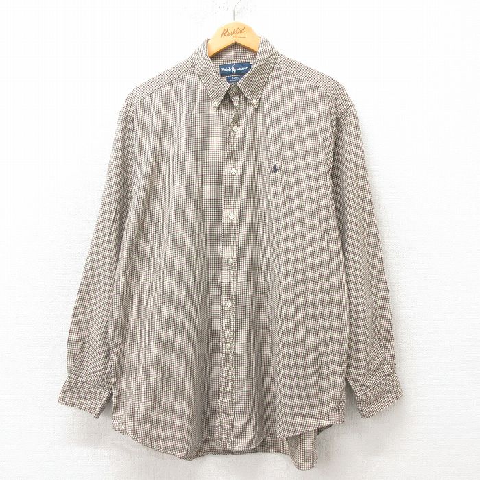 【20%OFF】XL★古着 ラルフローレン Ralph Lauren 長袖 ブランド シャツ メンズ 90年代 90s ワンポイントロゴ BLAKE 大きいサイズ コットン ボタンダウン 緑系他 グリーン チェック 25mar05 中古 トップス