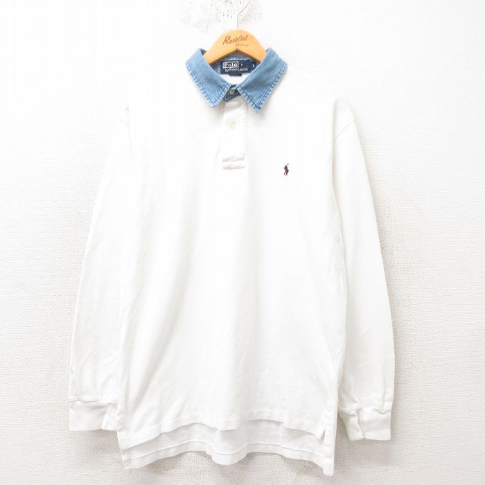 L★古着 ラルフローレン Ralph Lauren 長袖 ブランド ポロ シャツ メンズ 90年代 90s ワンポイントロゴ 大きいサイズ 鹿の子 コットン 襟デニム 白他 ホワイト 【spe】 25mar05 中古 トップス