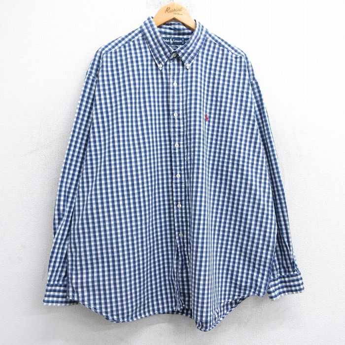 XL★古着 ラルフローレン Ralph Lauren 長袖 ブランド シャツ メンズ 90年代 90s ワンポイントロゴ BLAIRE 大きいサイズ ロング丈 コットン ボタンダウン 紺他 ネイビー チェック 25mar05 中古 トップス