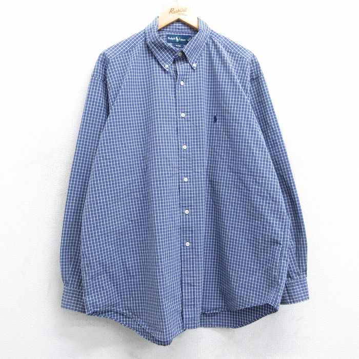 XL★古着 ラルフローレン Ralph Lauren 長袖 ブランド シャツ メンズ 90年代 90s ワンポイントロゴ BLAKE 大きいサイズ ロング丈 コットン ボタンダウン 紺他 ネイビー チェック 25mar05 中古 トップス