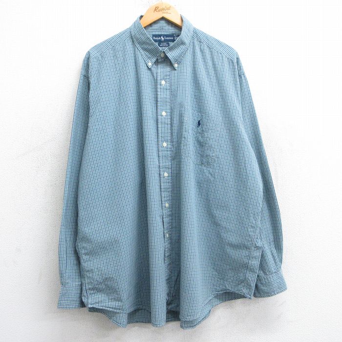 XL★古着 ラルフローレン Ralph Lauren 長袖 ブランド シャツ メンズ 90年代 90s ワンポイントロゴ BLAKE 大きいサイズ ロング丈 コットン ボタンダウン 緑他 グリーン チェック 25mar05 中古 トップス