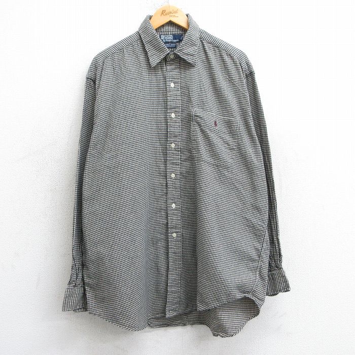 XL★古着 ラルフローレン Ralph Lauren 長袖 ブランド シャツ メンズ 90年代 90s ワンポイントロゴ LOWELL SPORT 大きいサイズ ロング丈 コットン 黒他 ブラック チェック 25mar05 中古 トップス