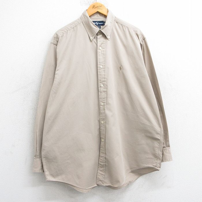 XL★古着 ラルフローレン Ralph Lauren 長袖 ブランド シャツ メンズ 90年代 90s 大きいサイズ YARMOUTH ロング丈 コットン ボタンダウン ベージュ カーキ 25mar05 中古 トップス