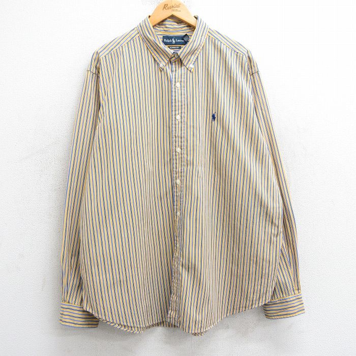 XL★古着 ラルフローレン Ralph Lauren 長袖 ブランド シャツ メンズ 90年代 90s 大きいサイズ ロング丈 コットン ボタンダウン 黄色他 イエロー ストライプ 25mar05 中古 トップス