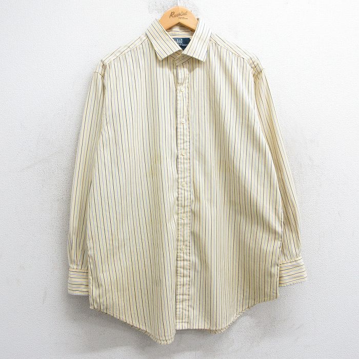 XL★古着 ラルフローレン Ralph Lauren 長袖 ブランド シャツ メンズ 90年代 90s REGENT 大きいサイズ ロング丈 コットン 黄色他 イエロー ストライプ 25mar05 中古 トップス
