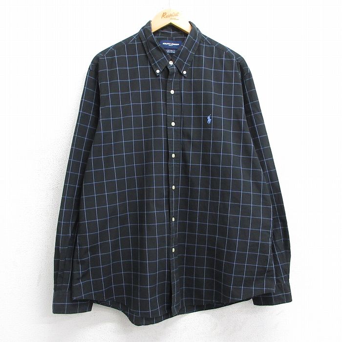 XL★古着 ラルフローレン Ralph Lauren ゴルフ 長袖 ブランド シャツ メンズ 90年代 90s ワンポイントロゴ コットン ボタンダウン 黒他 ブラック チェック 25mar05 中古 トップス