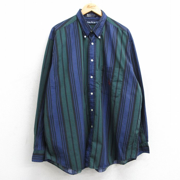 XL★古着 ノーティカ NAUTICA 長袖 ブランド シャツ メンズ 90年代 90s ワンポイントロゴ 大きいサイズ コットン ボタンダウン 緑他 グリーン ストライプ 25mar05 中古 トップス