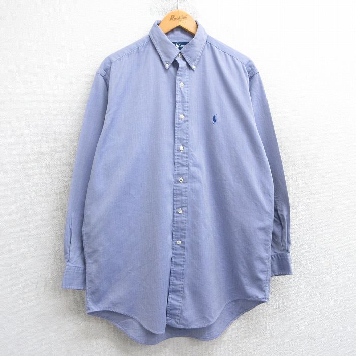 XL★古着 ラルフローレン Ralph Lauren 長袖 ブランド シャツ メンズ 90年代 90s ワンポイントロゴ YARMOUTH ロング丈 コットン ボタンダウン 薄紺 ネイビー 25mar05 中古 トップス
